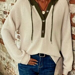 Cream & Green Waffle Knit Hoodie